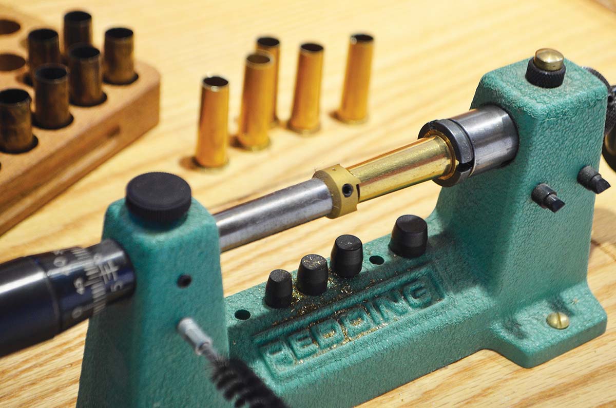 Redding case trimmer with a variety of pilots allows exact trimming to length with a perfectly square case mouth.